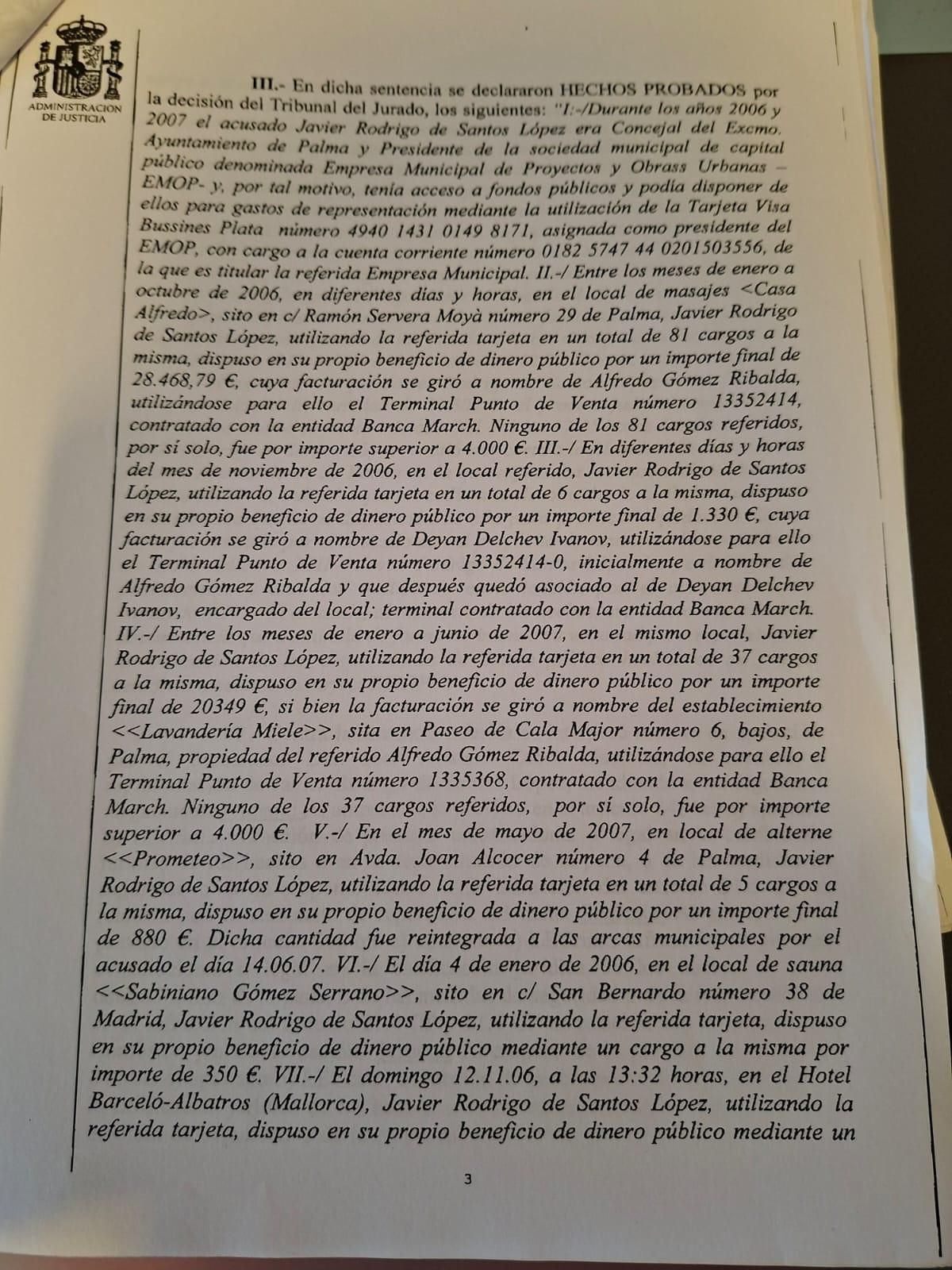 Fragmento de la sentencia donde se constata el gasto de Rodrigo de Santos en la sauna del suegro de Pedro Sánchez