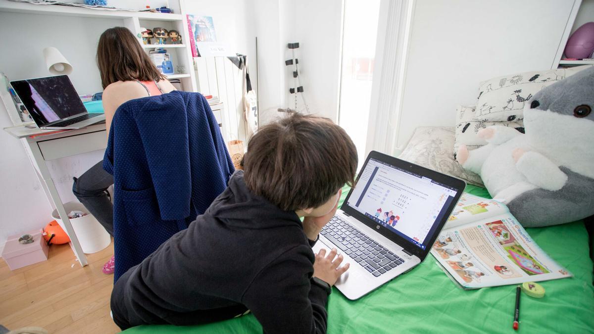 Dos estudiantes consultan contenido educativo desde sus ordenadores.