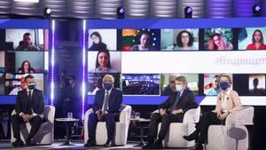 Emmanuel Macron, António Costa, David Sassoli y Ursula von der Leyen en la Conferencia para el Futuro de Europa, en Estrasburgo