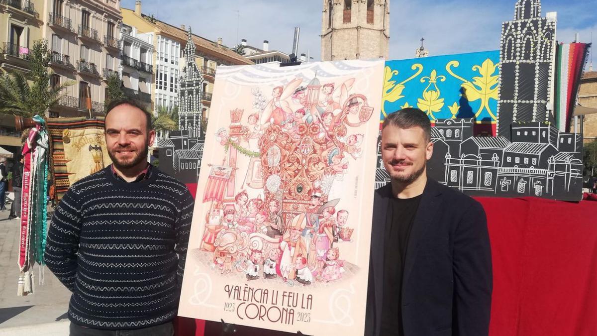 Ceballos y Sanabria presentaron la carroza de la corona de la Virgen en plena plaza de la Reina. | M.D.