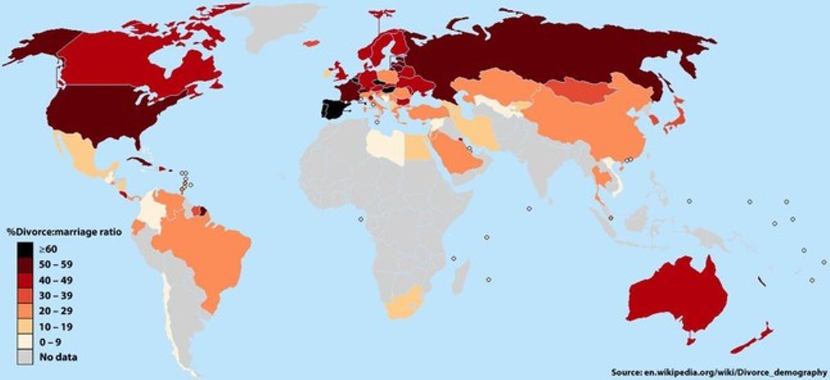 Mapa gràfic que mostra el percentatge de divorci dels diferents països a nivell mundial.