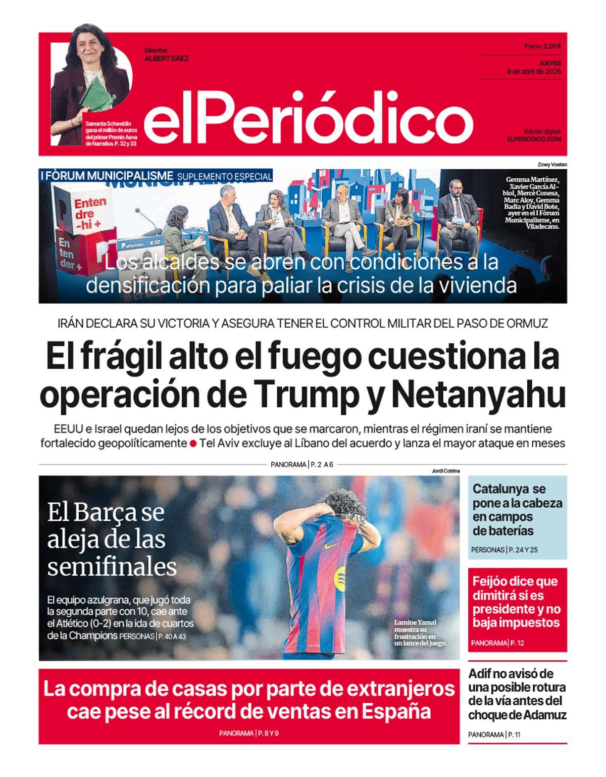 La portada de EL PERIÓDICO del 9 de abril de 2026