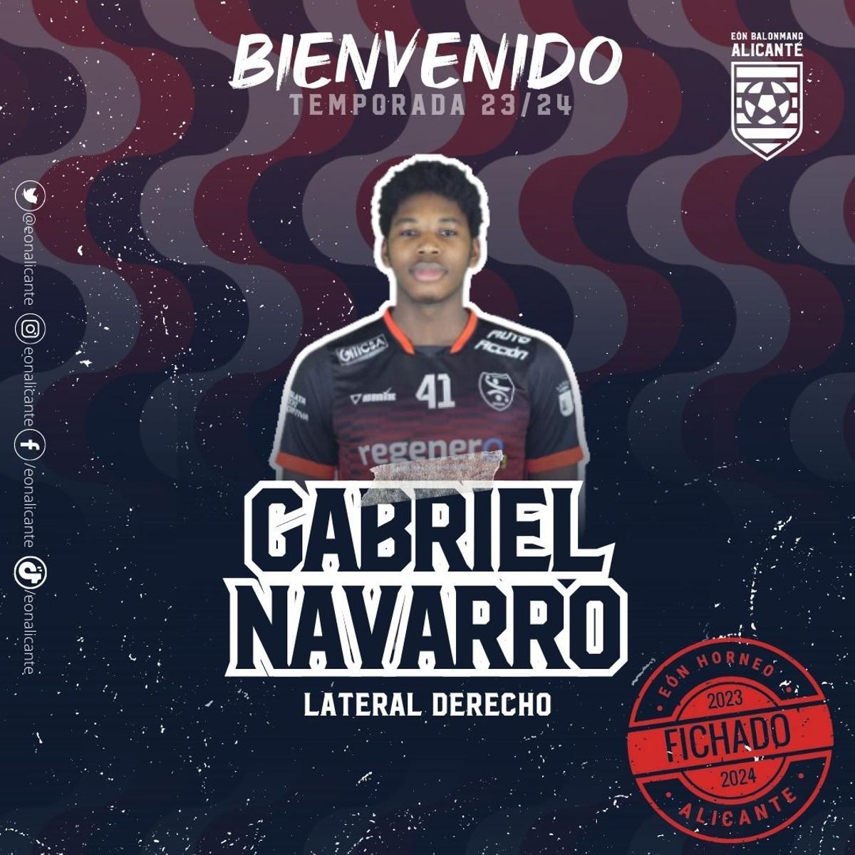 Cartela oficial con el anuncio del fichaje de Gabriel Navarro por el EÓN Horneo Alicante.