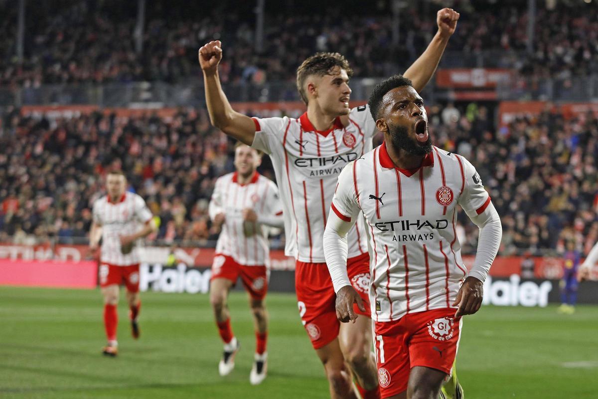 Lemar celebra el primer gol del Girona contra el Barça dilluns