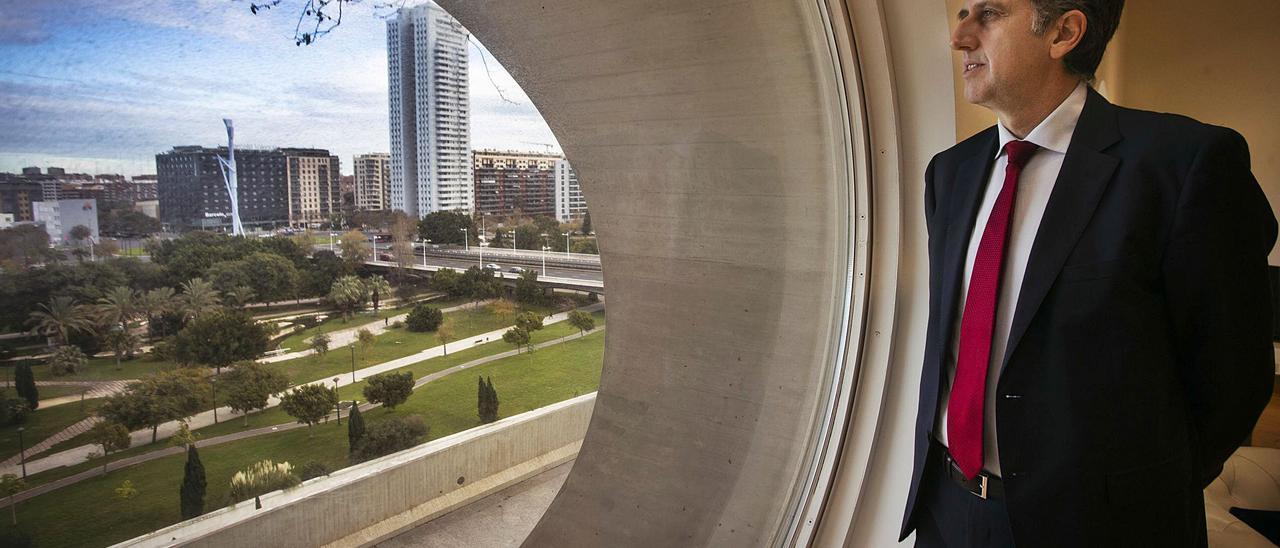 Pablo Font de Mora observa los jardines del cauce del Túria desde el despacho que ocupa desde hace un año en el Palau de Les Arts Reina Sofía. | LEVANTE-EMV