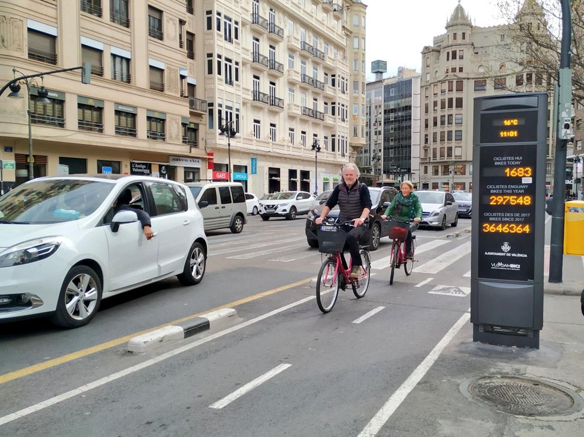 Medidor ubicado en la calle Colón para contabilizar el número de ciclistas.