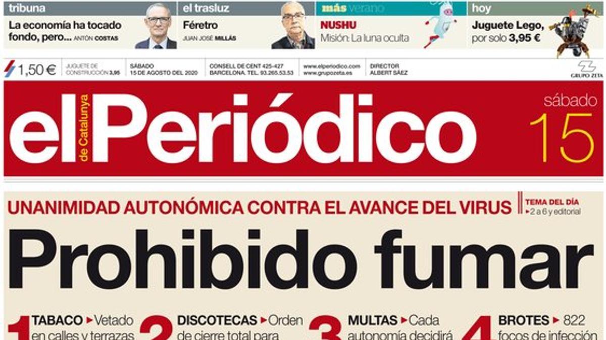 La portada de EL PERIÓDICO del 15 de agosto del 2020