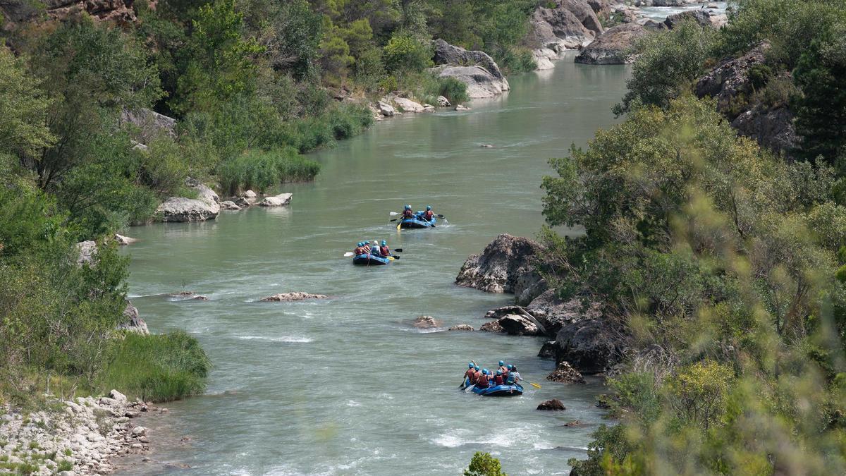 Kayaks bajando por el río Gállego este jueves.
