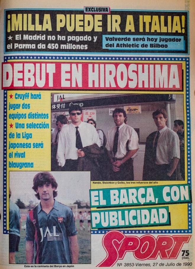 1990 - Primer desplazamiento del Barça a Japón para jugar contra la selección japonesa. Además, se añade publicidad en la equipación culé por primera vez