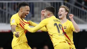 Pierre-Emerick Aubameyang celebra su segundo gol ante el Real Madrid, cuarto del equipo.