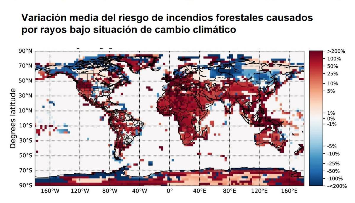 Mapa de la variación del riesgo de incendios por rayos