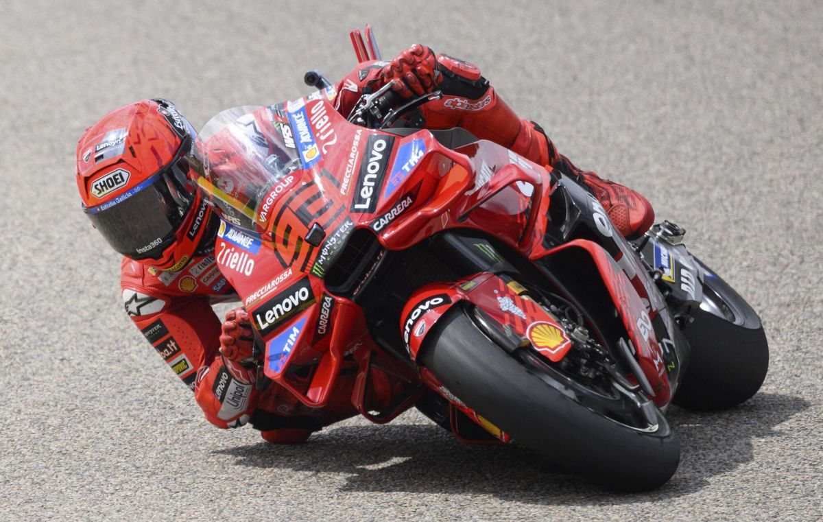 Marc Marquez from Spain from the Ducati Lenovo Team rides on the track during the MotoGP race, German Grand Prix, at the Sachsenring circuit, in Hohenstein-Ernstthal, Germany, Sunday July 13, 2025. (Robert Michael/dpa via AP). GERMANY OUT; MANDATORY CREDIT