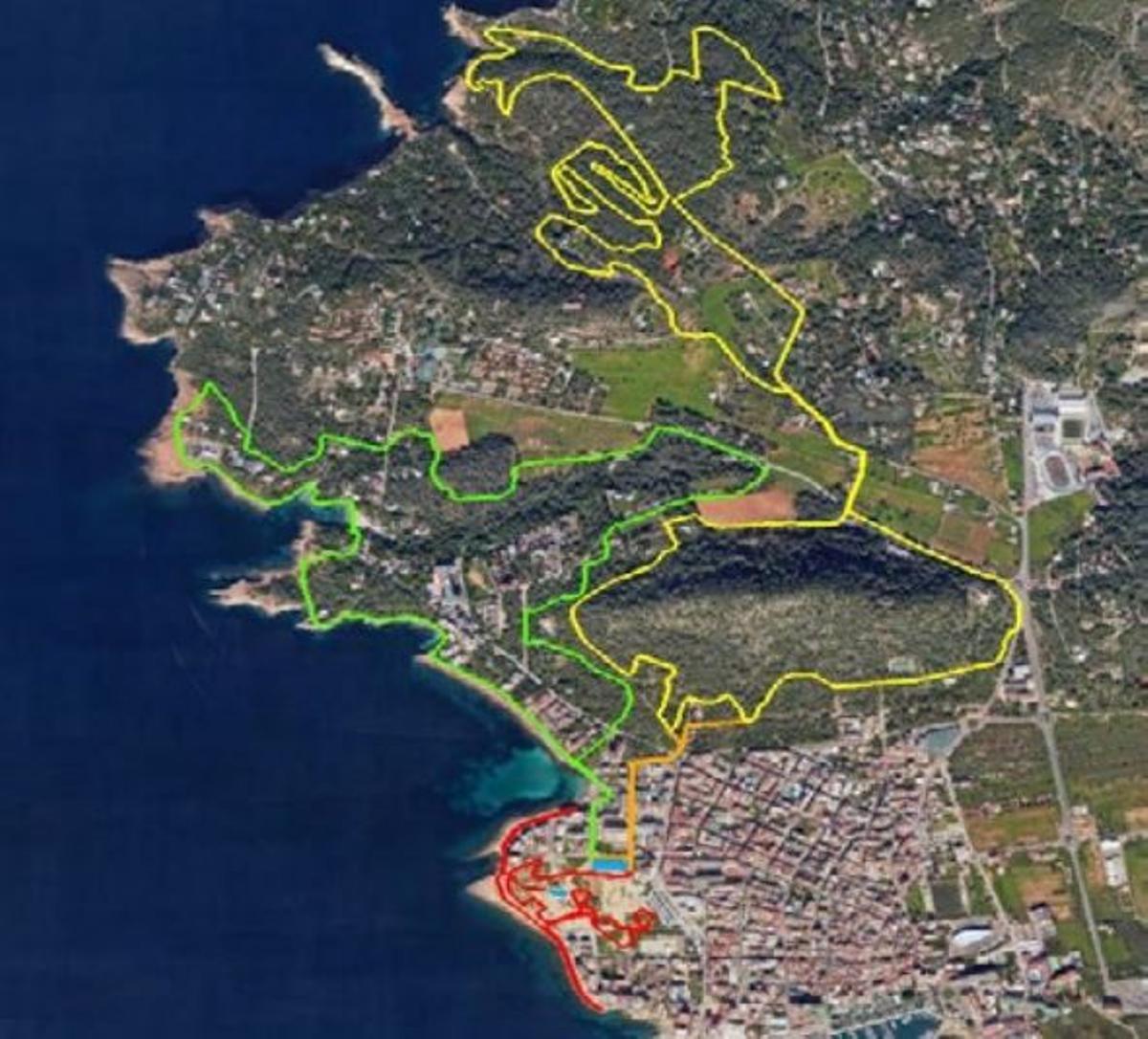 Plano general: azul meta-área de transición, amarillo ciclismo BTT, verde carrera a pie 1 y rojo carrera a pie 2.