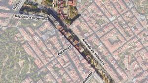 Mapa con la zona donde se construirá la Rambla Verde y el Parque Central de Vallcarca