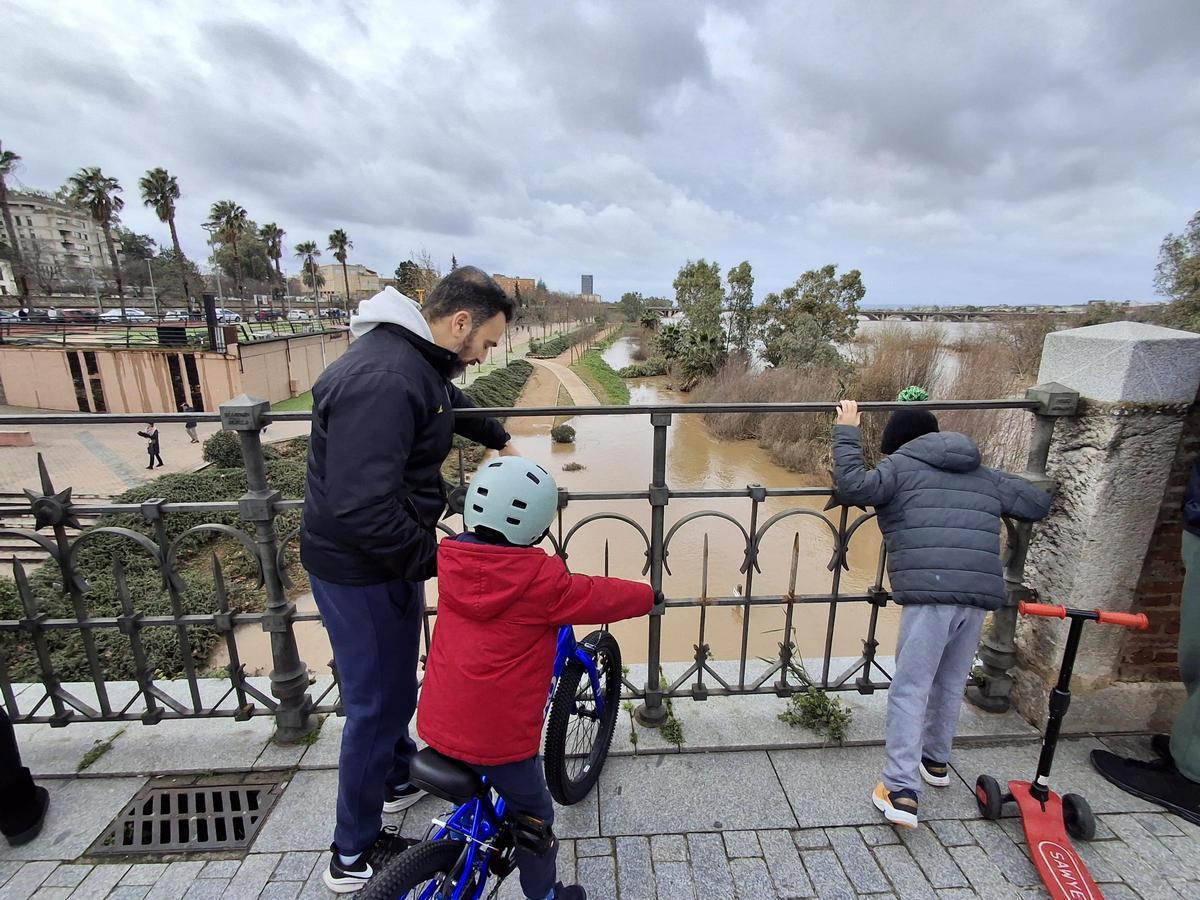 Un padre y su hijo contemplan la crecida del río.
