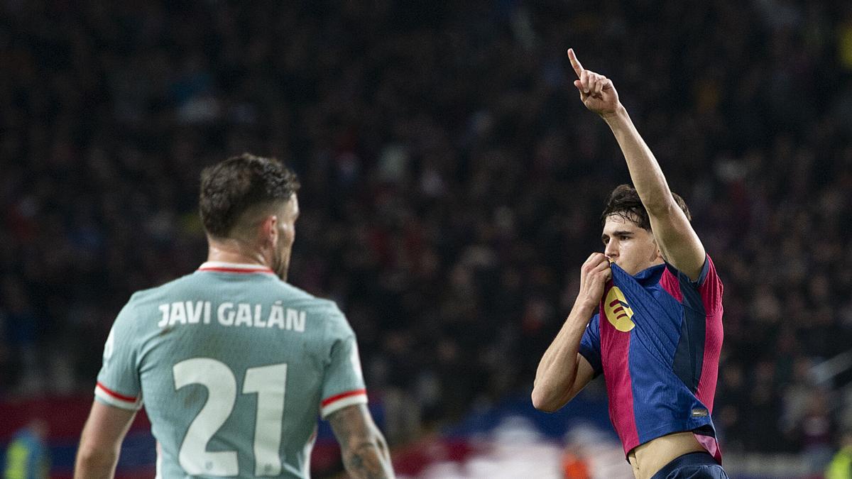 Cubarsí celebrando el empate a dos goles durante el partido de ida de los cuartos de final de la Copa del Rey entre el FC Barcelona y el Atlético de Madrid