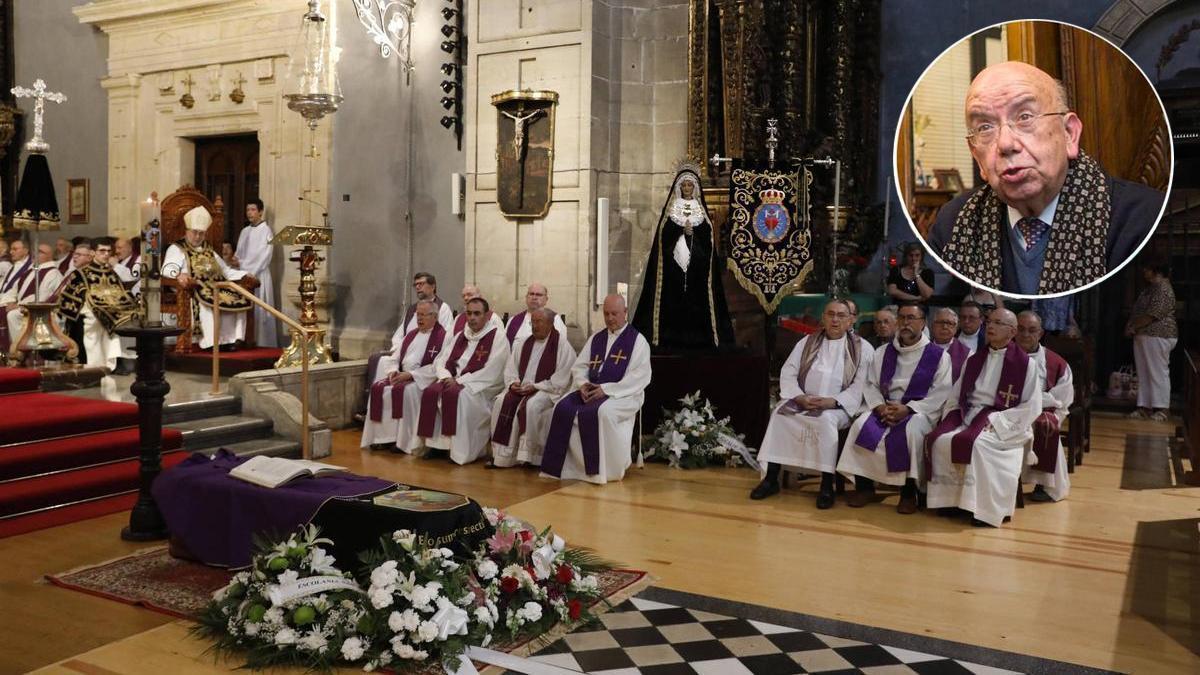 Decenas de sacerdotes y el Arzobispo junto al féretro durante el funeral. . En el círculo, José Luis Alonso Tuñón en una imagen de archivo.