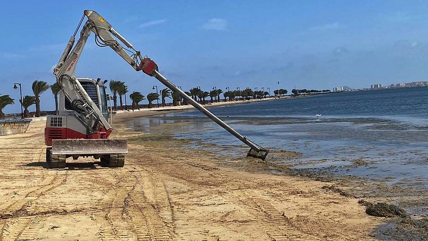 La nueva máquina con rastrillo para la retirada de biomasa, en la playa de Villananitos de San Pedro.  | AYTO SAN PEDRO