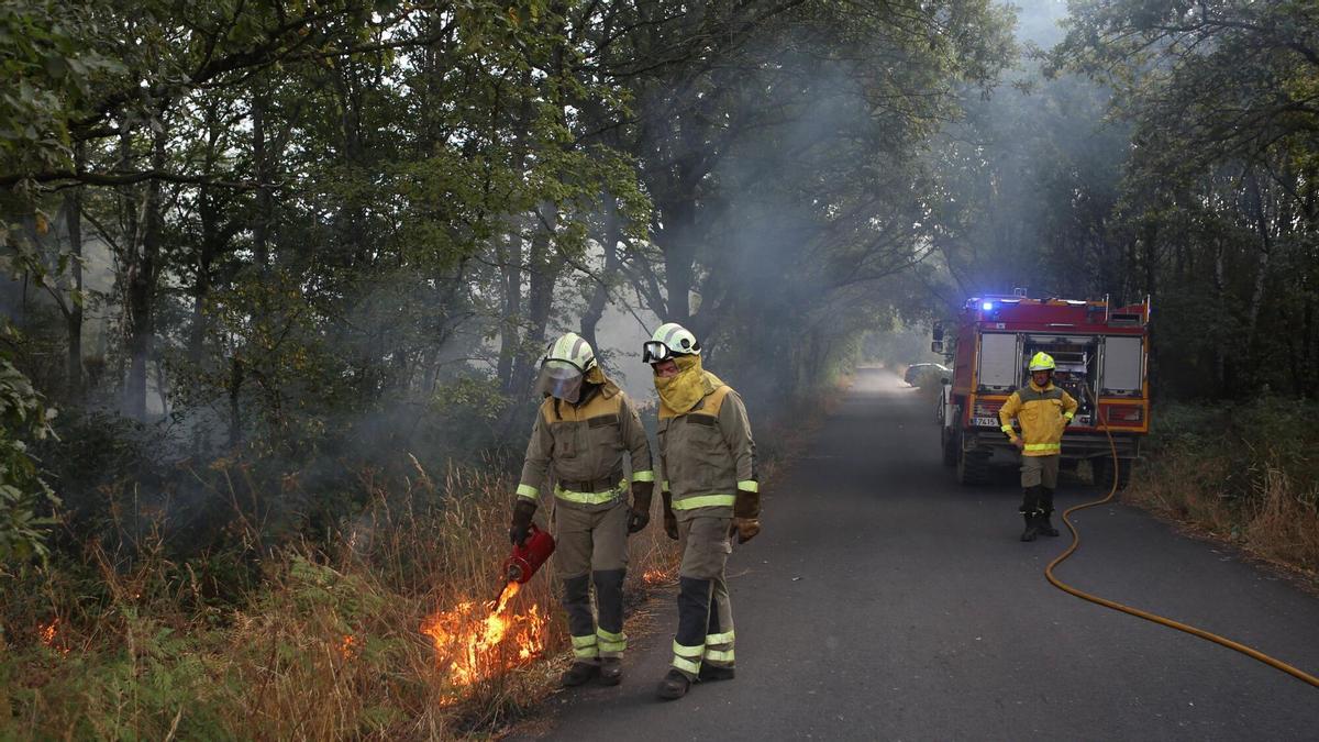 Brigadistas trabajando en la extinción del fuego en Carboentes.