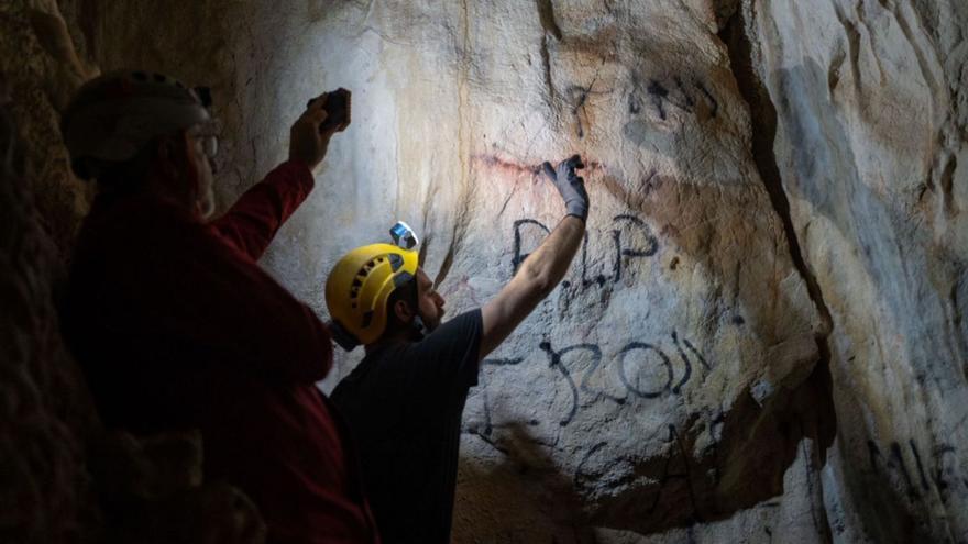Los investigadores examinan las pinturas rupestres de la Cueva del Toro de Benalmádena. | L.O.
