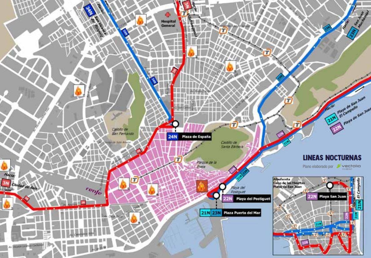 Hogueras 2022: Líneas nocturnas de los autobuses de Alicante