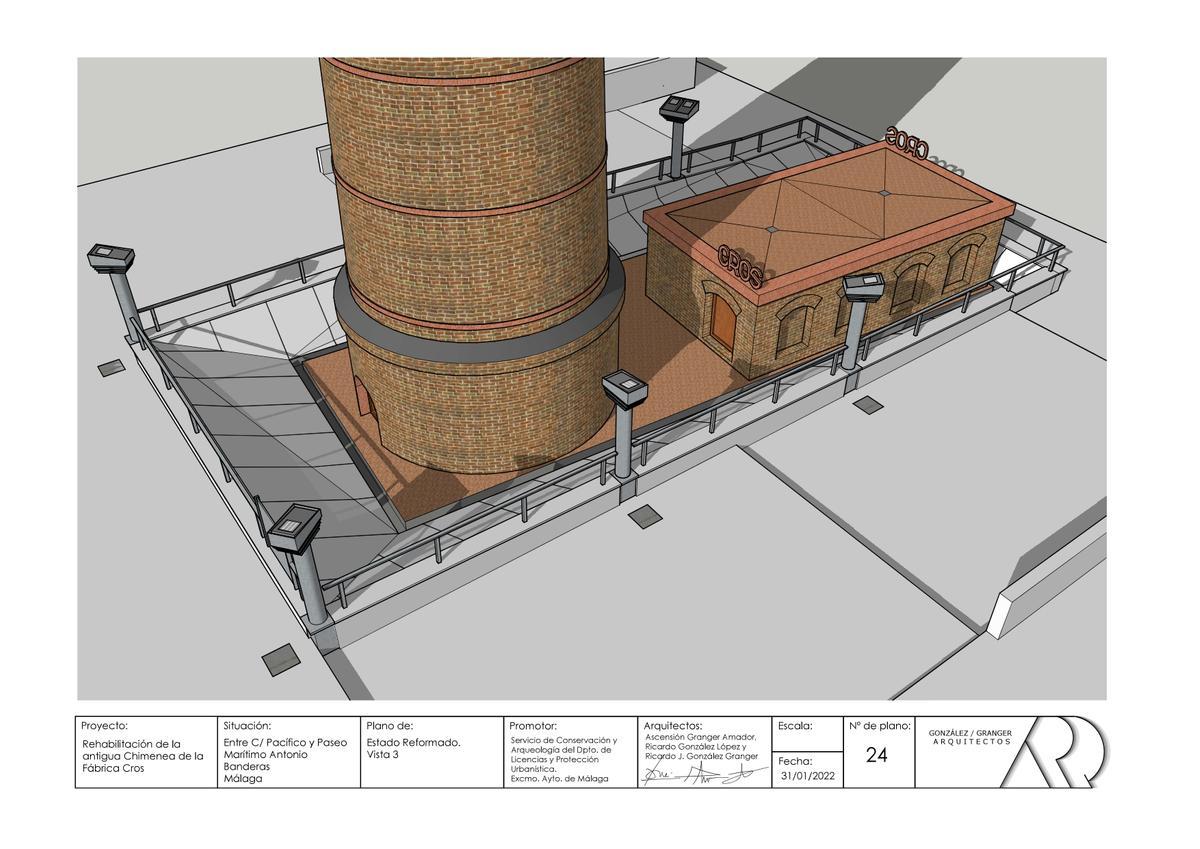 Infografía de la chimenea y la edificación contigua.