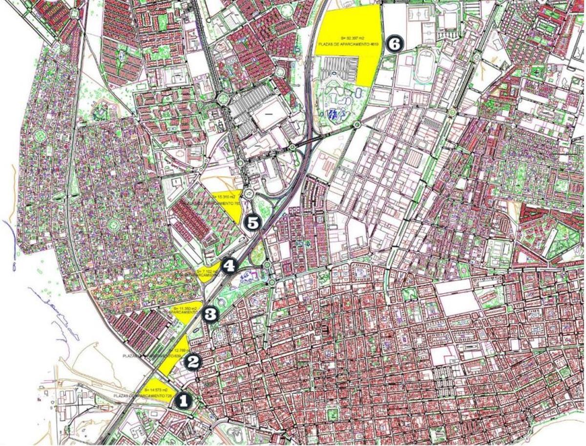 Mapa de la ubicación de los seis aparcamientos en la trama urbana de Torrevieja