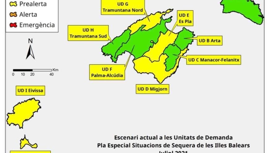 Stand der Wasserreserven auf Mallorca nach Warnstufen. Gelb entspricht der Vorwarnstufe.