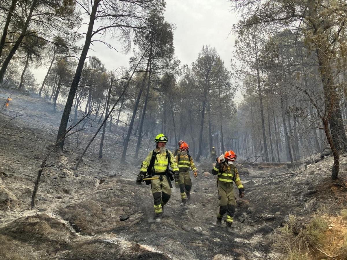 Varios bomberos del operativo de Infoar, en el incendio de Peñarroya.