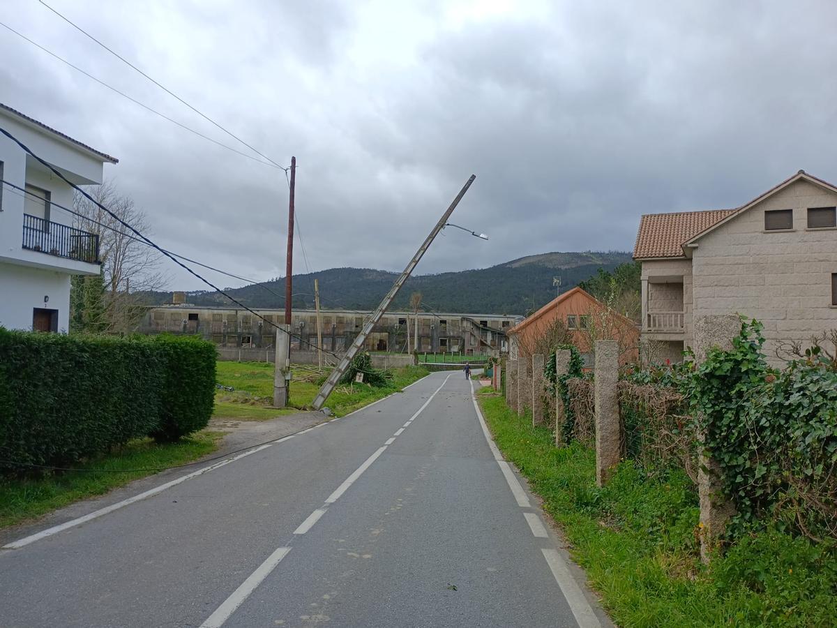 Un poste del tendido eléctrico afectado por la caída de un pino, en Valga.