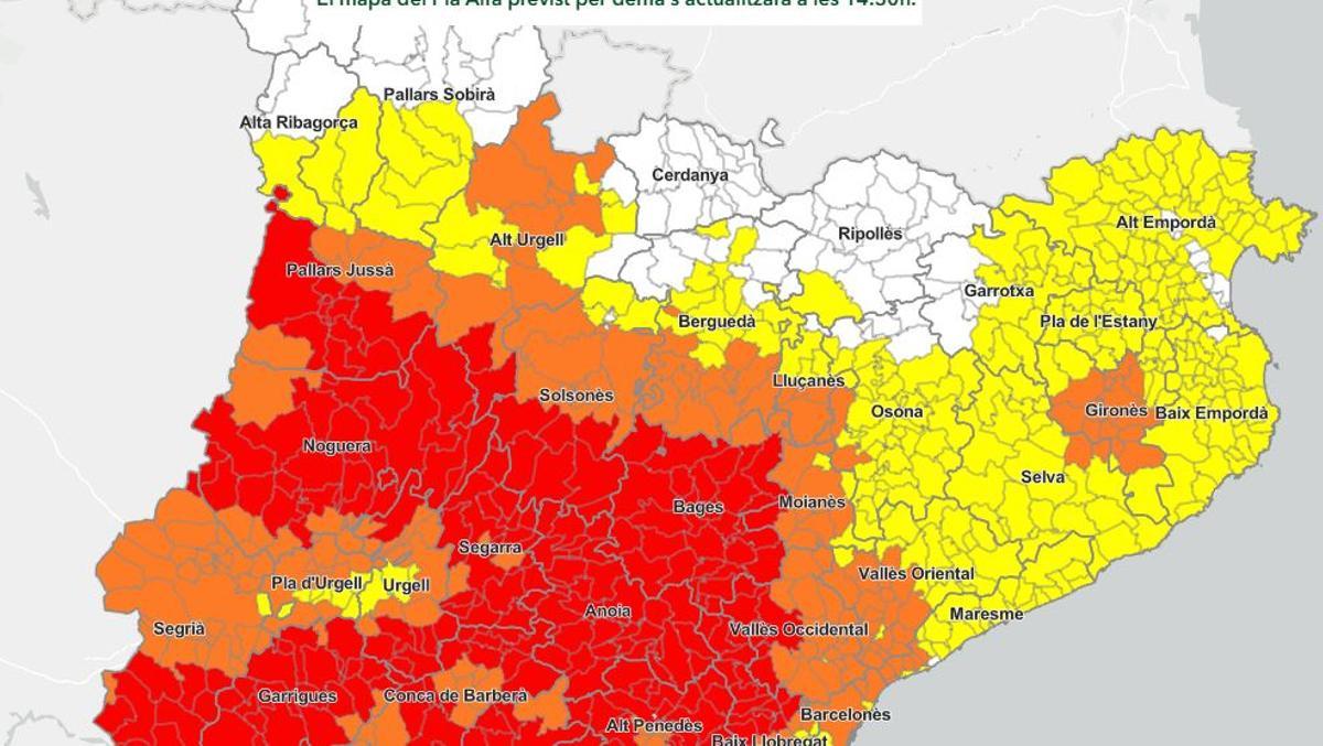 Mapa del Pla Alfa a les comarques centrals per aquest dilluns