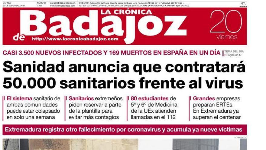 Esta es la portada de LA CRÓNICA DE BADAJOZ correspondiente al día 20 de marzo del 2020