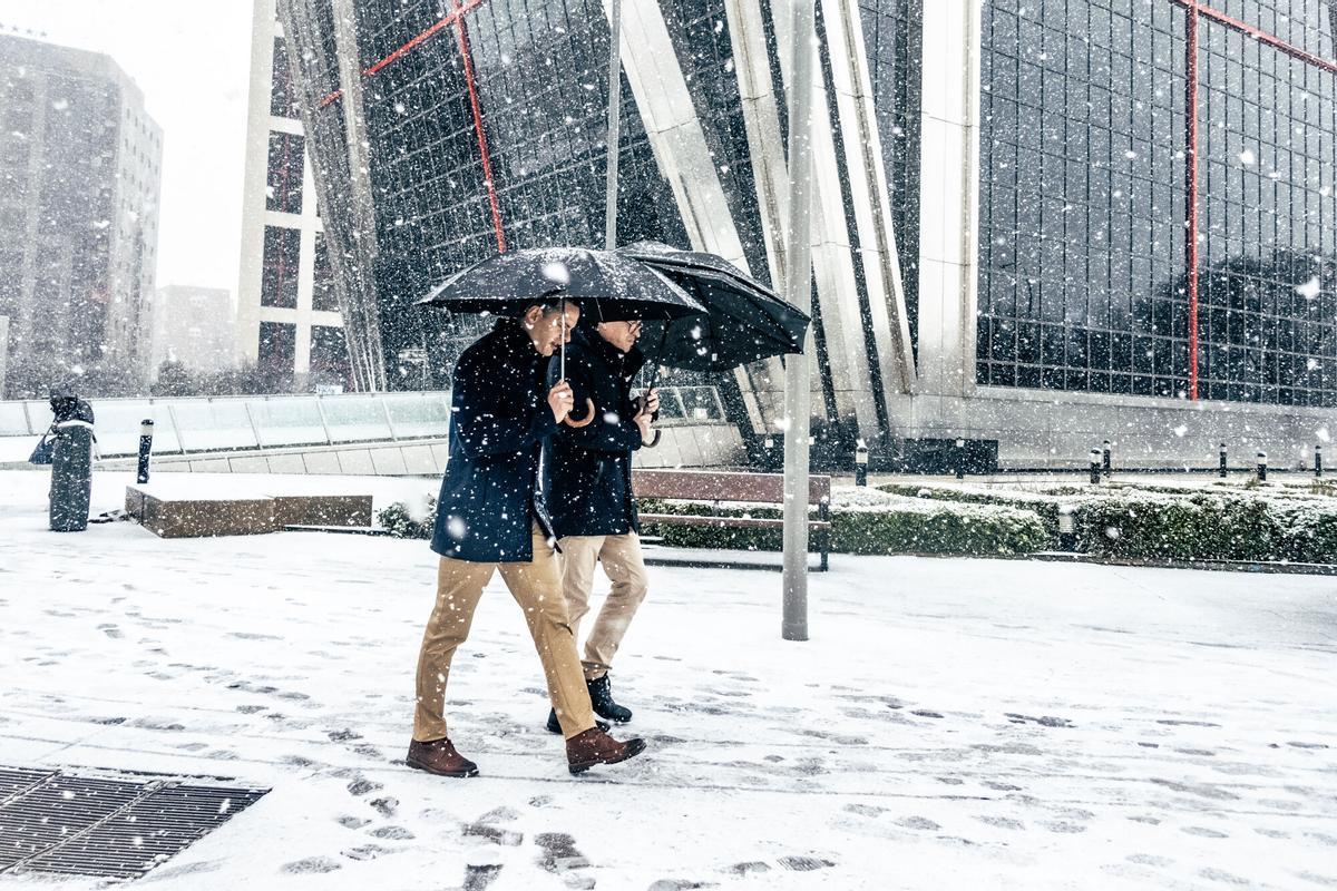 El centro de Madrid durante la borrasca Kristin.