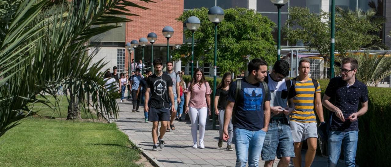 Alumnos frente al edificio Altabix del campus de Elche.