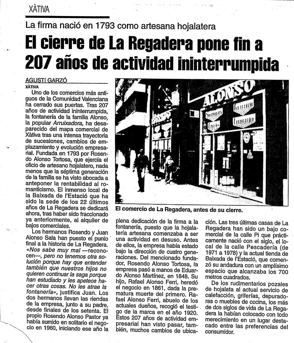 Levante-EM publicó una noticia sobre el cierre de la Regadera el 4 de abril del año 2000.