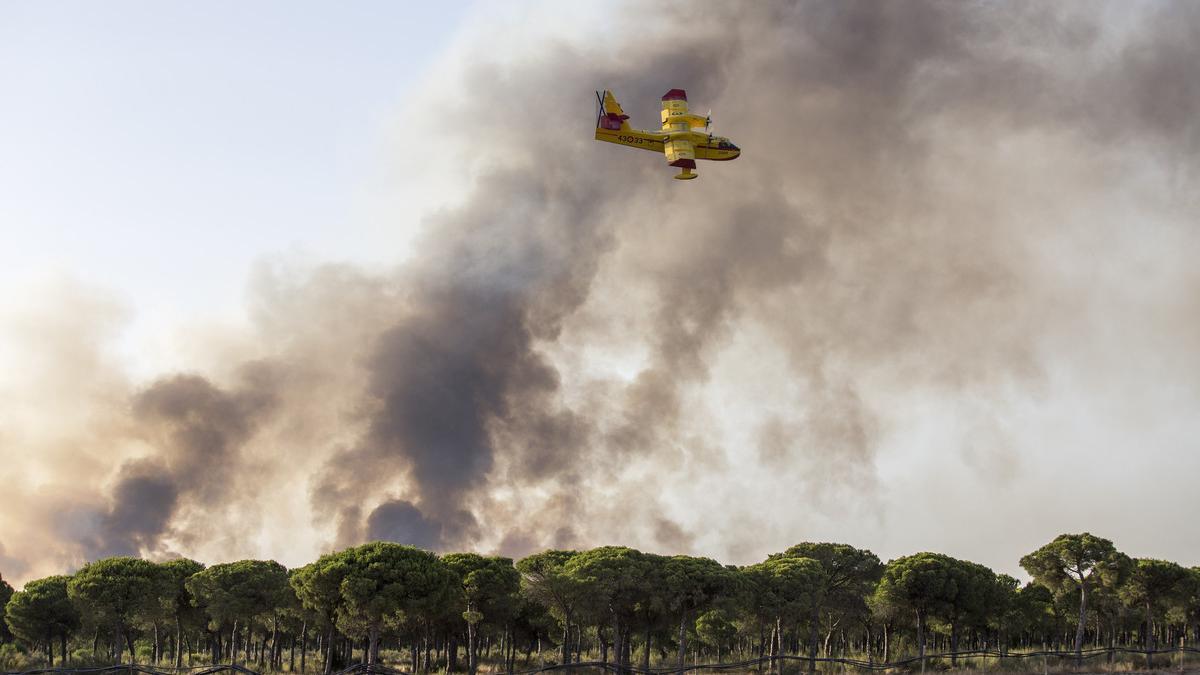 Una avioneta participa este domingo en las labores de extinción del incendio de Huelva.