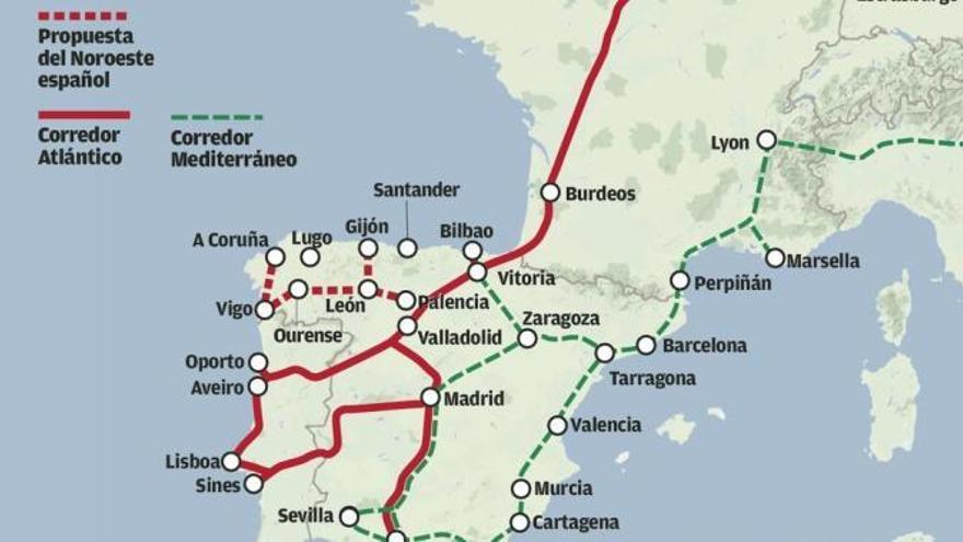 Gráfico con la propuesta del Noroeste para incorporar los puertos al Corredor Atlántico, aceptada por Bruselas.