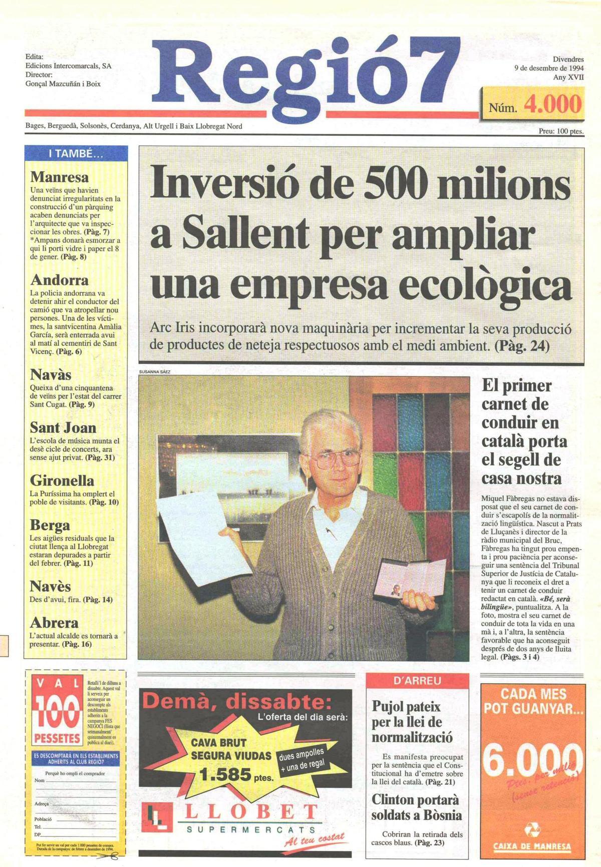 La portada 4.000 de Regió7 del 9 de desembre del 1994