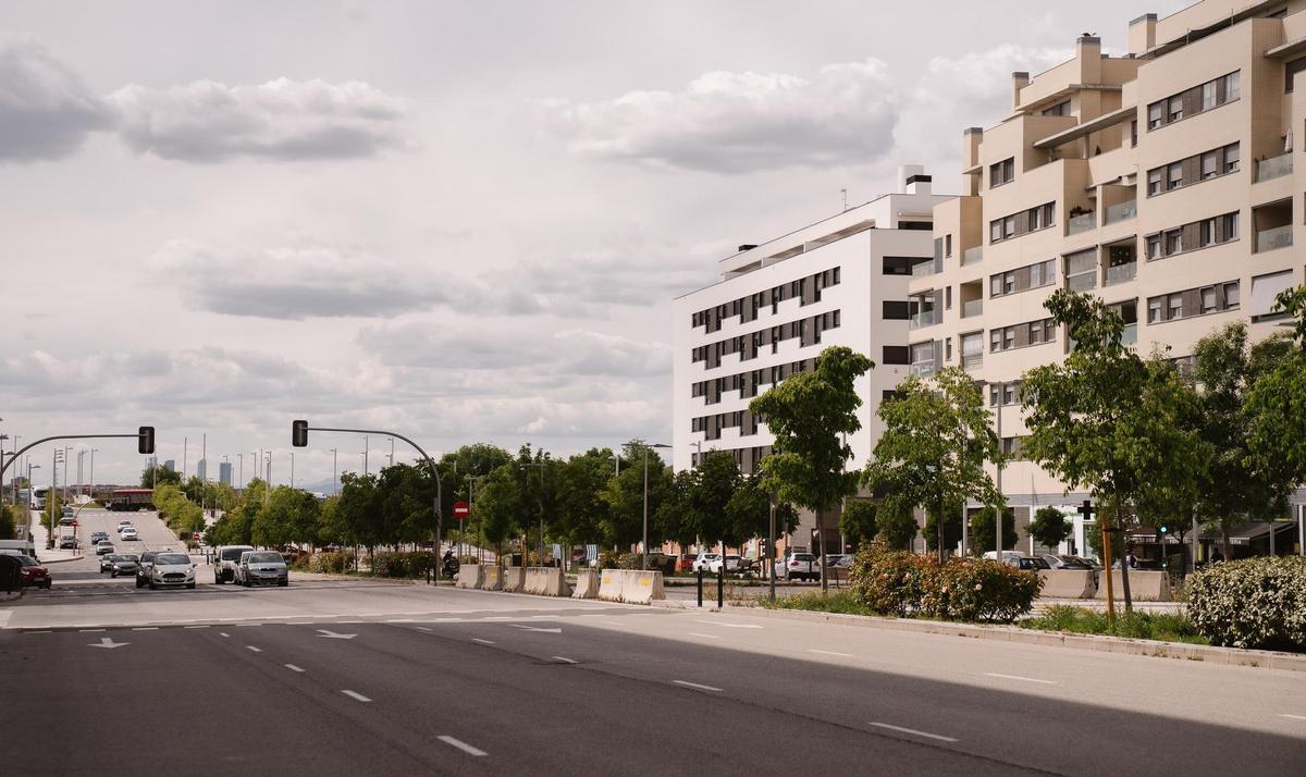 La avenida Miguel Delibes, una de las arterias principales del barrio, con un total de ocho carriles para coches.