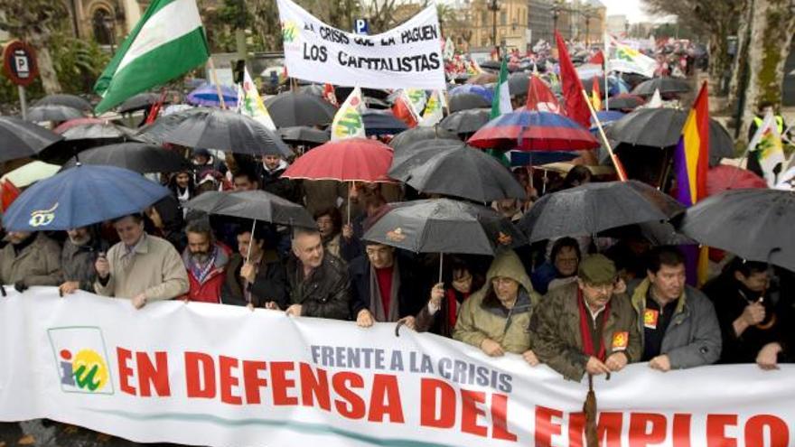 Unas 15.000 personas, según los organizadores, y 4.000, según la Policía Local, se han manifestado hoy por las calles de Sevilla convocados por IU para, bajo una intensa lluvia, exigir al Gobierno un cambio de modelo económico que garantice el mantenimiento del empleo.