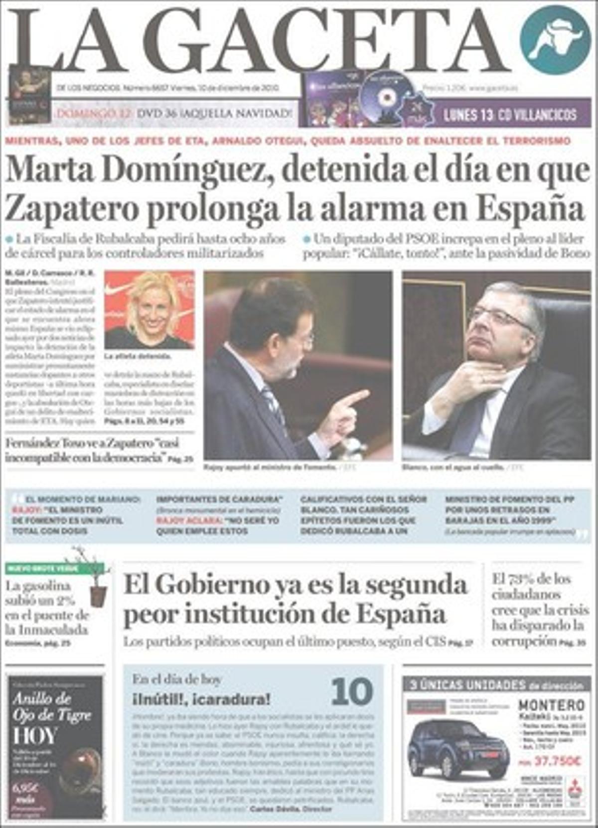 ’La Gaceta’ també destaca que el Comitè Nacionalista Marroquí ajorna la marxa reivindicativa contra Melilla; que la gasolina i el gasoil van marcar els màxims anuals en ple pont, i que la banca eleva les comissions de les hipoteques --el seu estudi s’encareix el 12,4%-- i els descoberts --i el càstig als números vermells puja un 15,9%-- en un any.