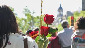 Una persona lleva una rosa durante la Diada de Sant Jordi 2025.