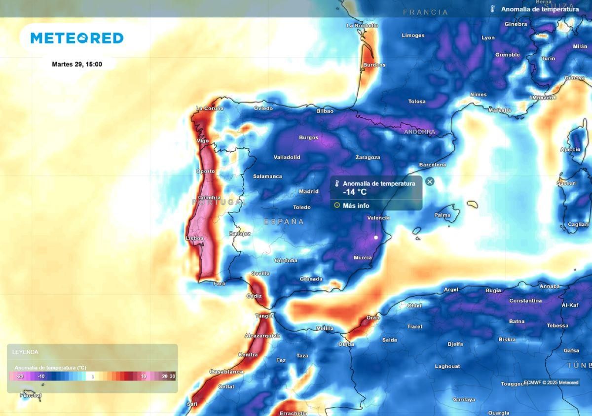 Mapa en el que se plasma cómo afectará la masa de aire frío a Extremadura y España.