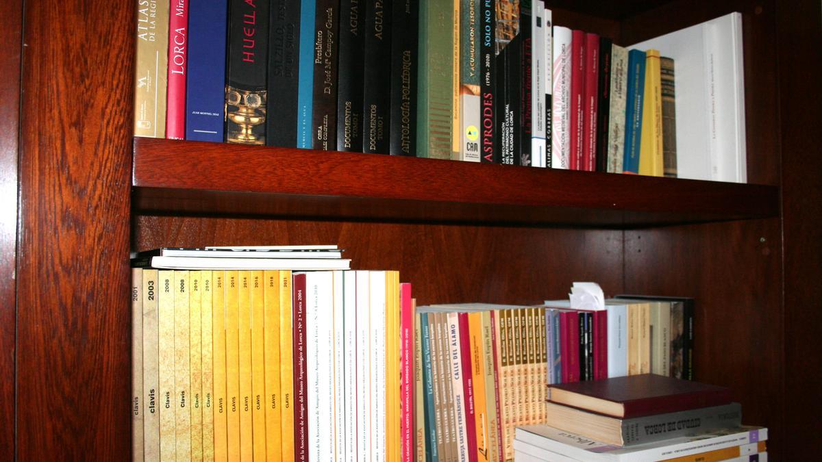 Libros en una estantería de una biblioteca lorquina.