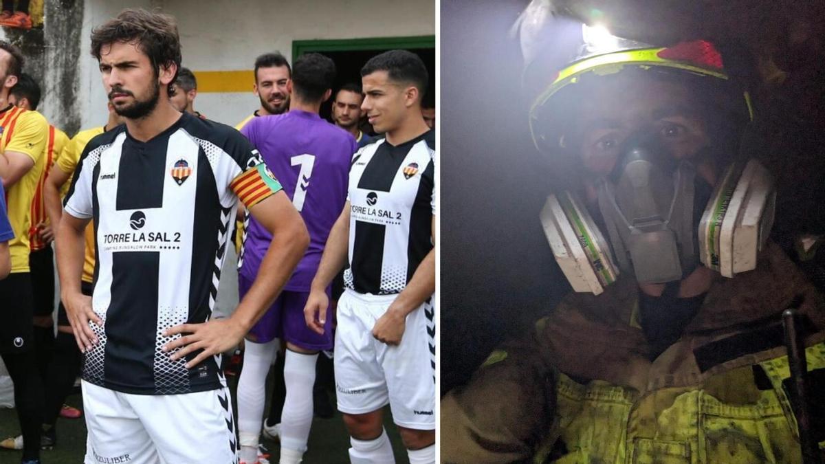 El excapitán del Castellón Jordi Marenyà en sus dos facetas, como futbolista y como bombero