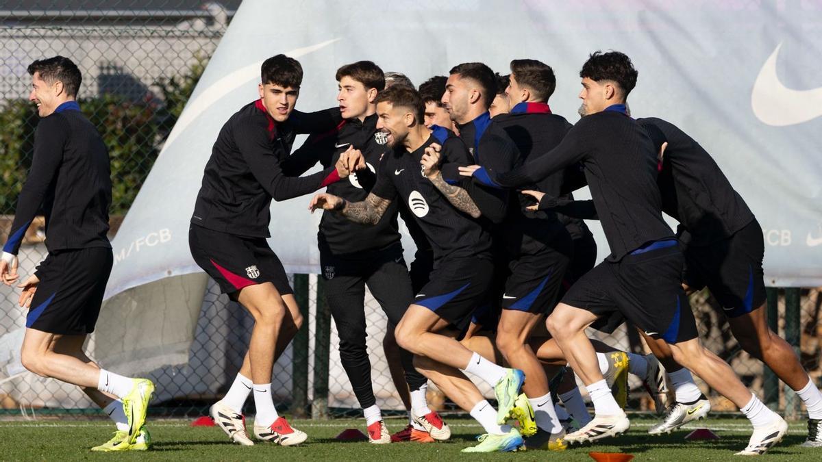 Los jugadores del Barça en el entrenamiento previo al partido ante el Leganés