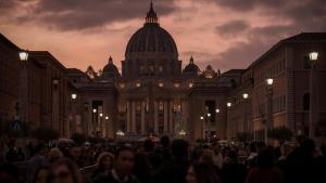 Fieles en la Plaza de San Pedro del Vaticano, en cuya basílica serán expuestos este lunes los restos mortales de Benedicto XVI
