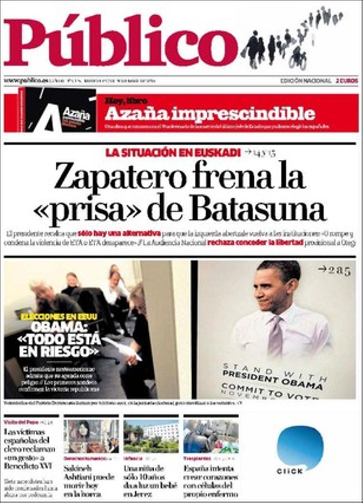 ’Público’ destaca a dins que Alberto Ruiz-Gallardón discrepa també d’Esperanza Aguirre pel Tea Party: No seria bo ni per al PP ni per a la democràcia espanyola; que la presidenta de Madrid impedeix que l’Assemblea autonòmica debati sobre les menors japoneses de Fernando Sánchez Dragó, i que el PP va evitar la reprovació de l’alcalde val·lisoletà Javier León de la Riva pel seu comentari masclista sobre la ministra Leire Pajín.