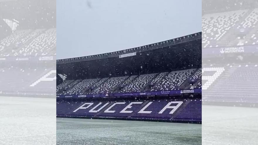 La nieve cubre el estadio José Zorrilla de Valladolid un día antes de la visita del Real Zaragoza