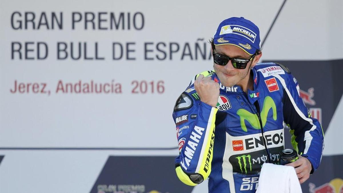 Rossi celebra su victoria en Jerez el pasado año